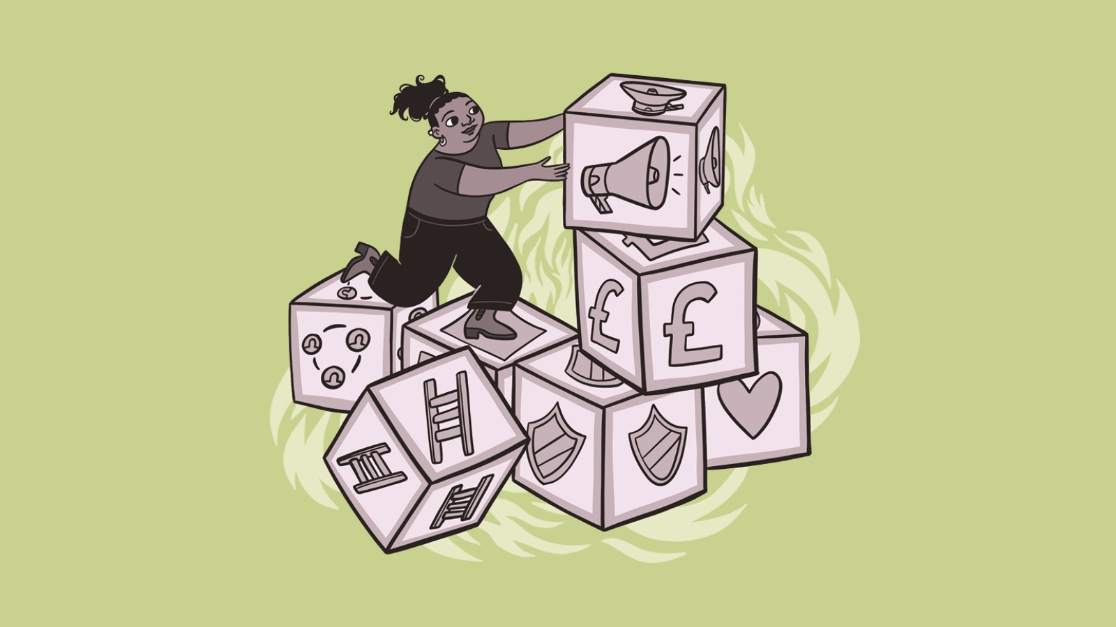 An illustration of a woman standing on building blocks with various symbols representing working life, such as a pound sign, and a megaphone