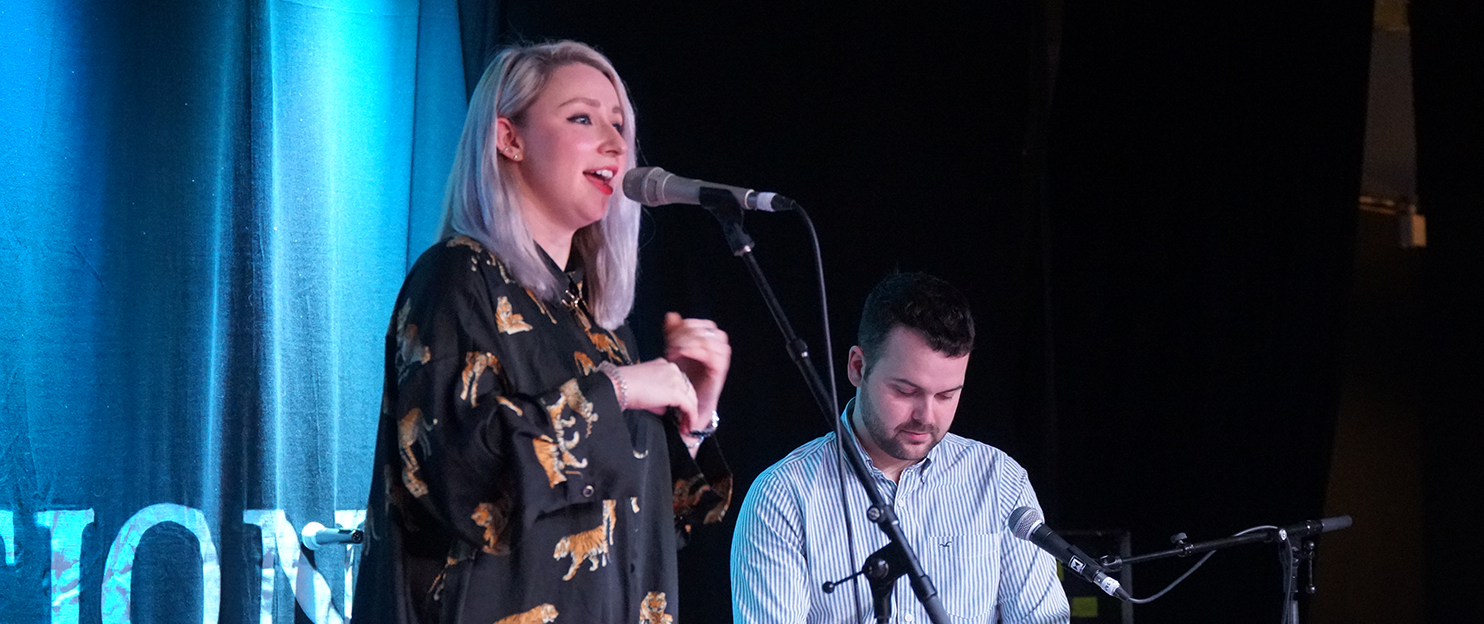 Two musicians performing on stage at the Gaelic Showcase 2020