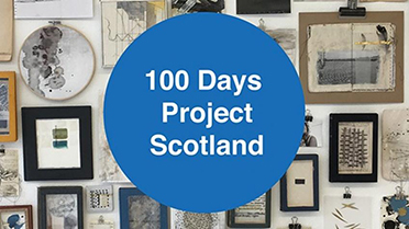 Graphic with a blue circle and the title '100 Days Project Scotland', on top of a picture of lots of different small artworks in frames