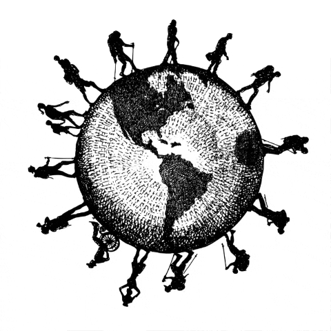 An animated illustration of people standing on the globe as it rotates