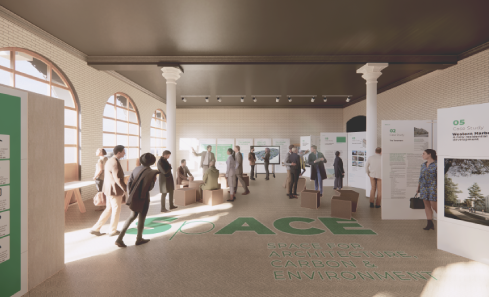 3D model of  aSpACE exhibition ground floor with people milling around and light streaming in from windows