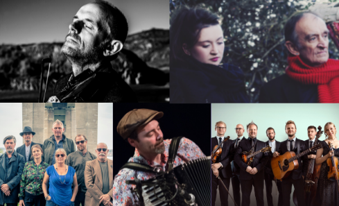 5 of the acts appearing at Edinburgh's Tradfest. Top row, left to right: Duncan Chisholm, Eliza & Martin Carthy. Bottom row, left to right: Shooglenifty, Phil Alexander, Frigg