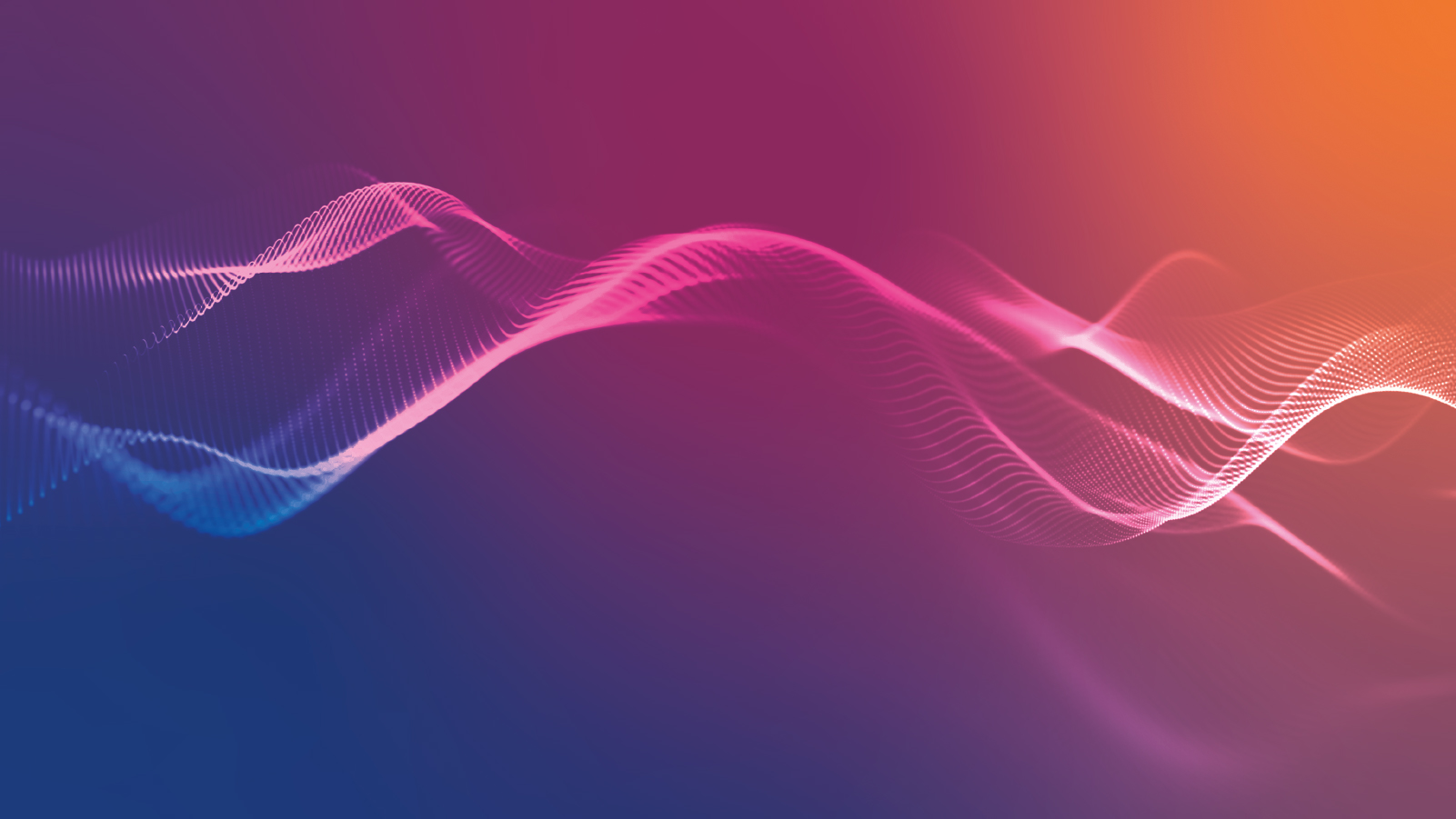 Abstract wave patterns in vibrant hues of pink and blue, set against a gradient background of purple and orange.