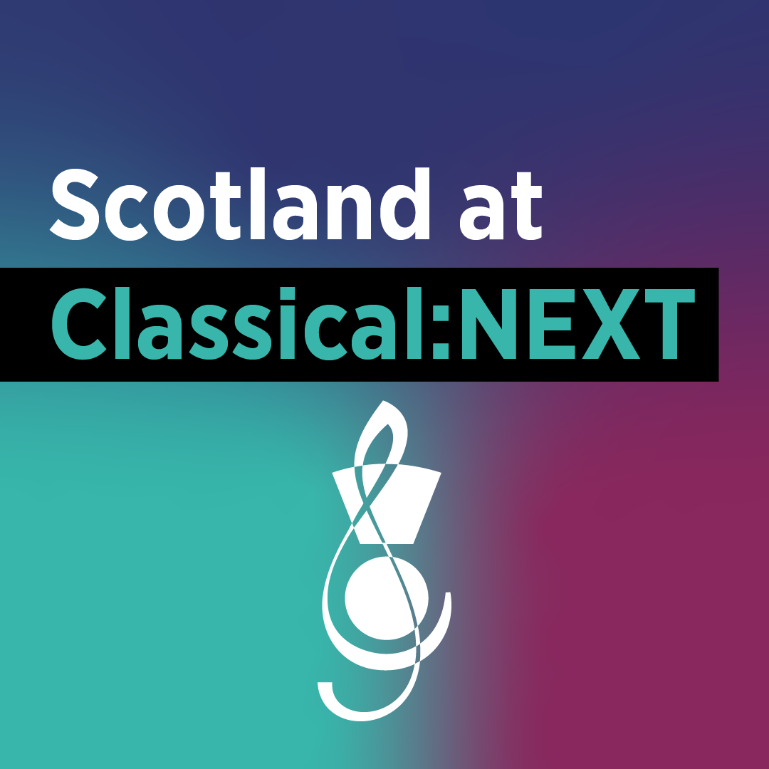 A colourful gradient design of green, purple and pink with an opaque white thistle and music note symbol. Text reads: Scotland at Classical: NEXT.