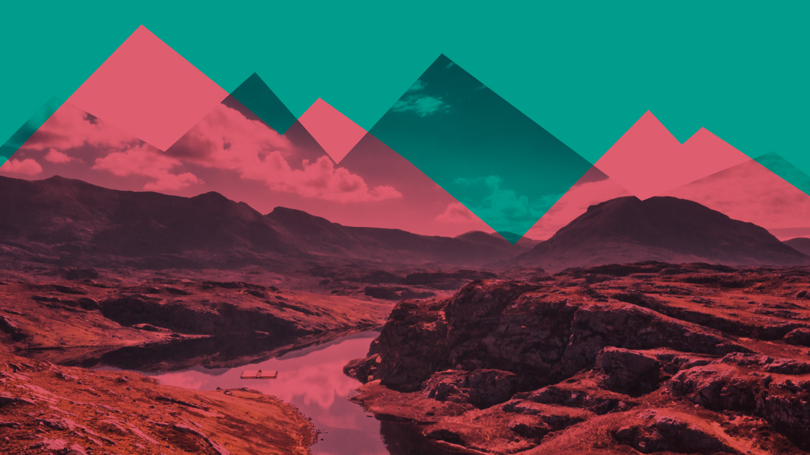 A Scottish mountain scene in a teal blue and pink design