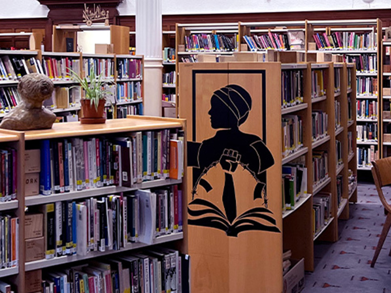 Bookshelves inside the library at Glasgow Women's Library
