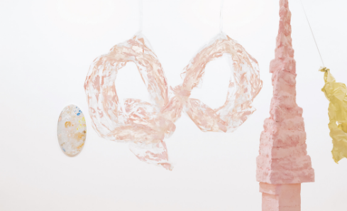 Sculptures by Karla Black in shades of pinks and yellows