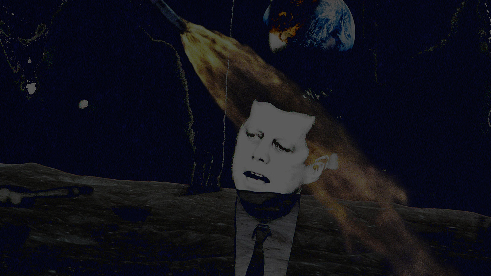 A collage showing cut out images of President John F Kennedy, a space shuttle with its rocket firing. In the background is a shot of the Earth from the surface of the moon.