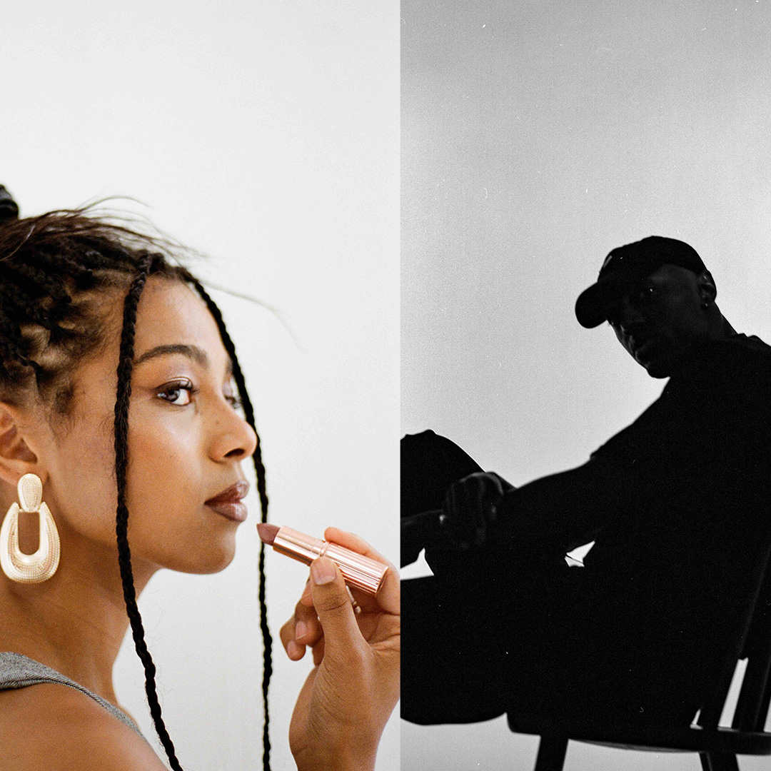 A composite image of Brooke Combe, a Black woman with dark hair worn up, and L E M F R E C K, a man sitting cross legged in a chair, captured in silhouette.
