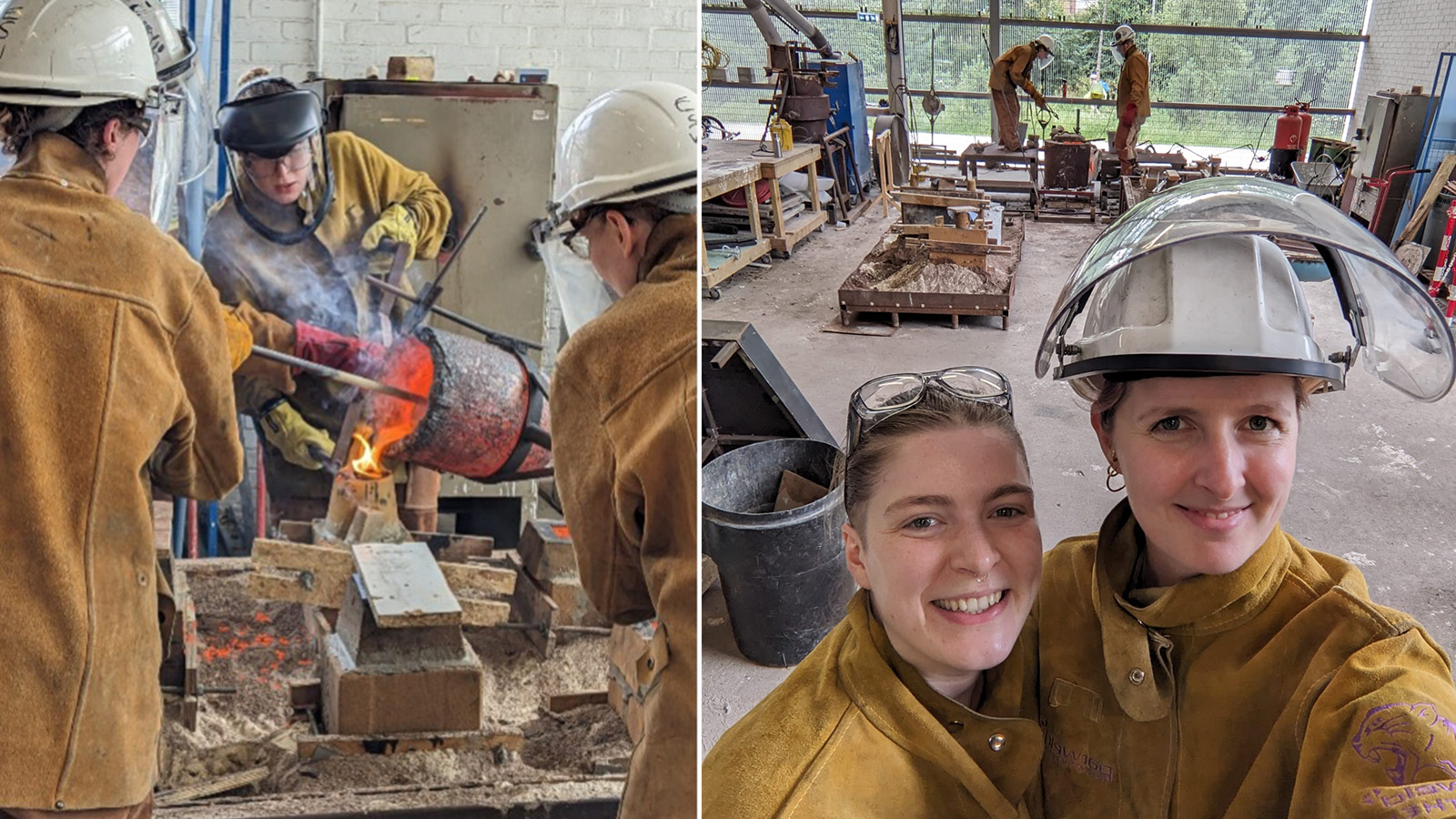 A composite image showing Kathryn Hanna at work in her studio with other artists; in one she is working in a sculpture workshop, in one she is pictured in protective gear with another artist.