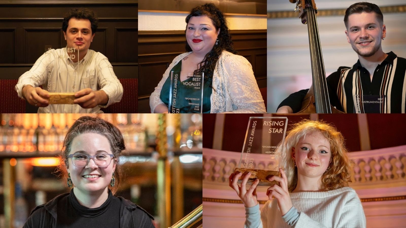 Five of the Scottish Jazz Award winners for 2023: Liam Shortall, Marianne McGregor, Ewan Hastie, Rachel Lightbody, Kimberley Tessa.