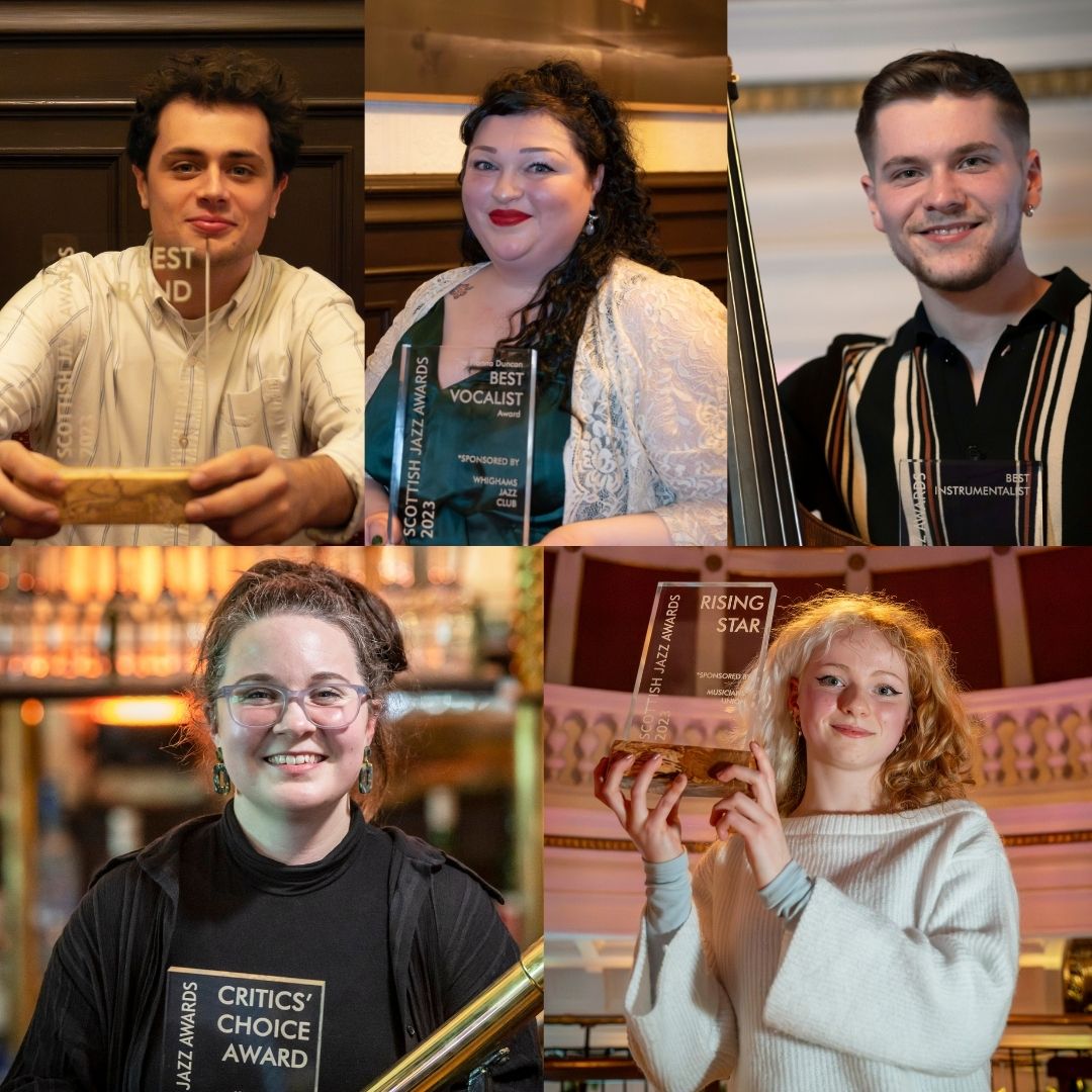 Five of the Scottish Jazz Award winners for 2023: Liam Shortall, Marianne McGregor, Ewan Hastie, Rachel Lightbody, Kimberley Tessa. Images by Elaine Livingstone.