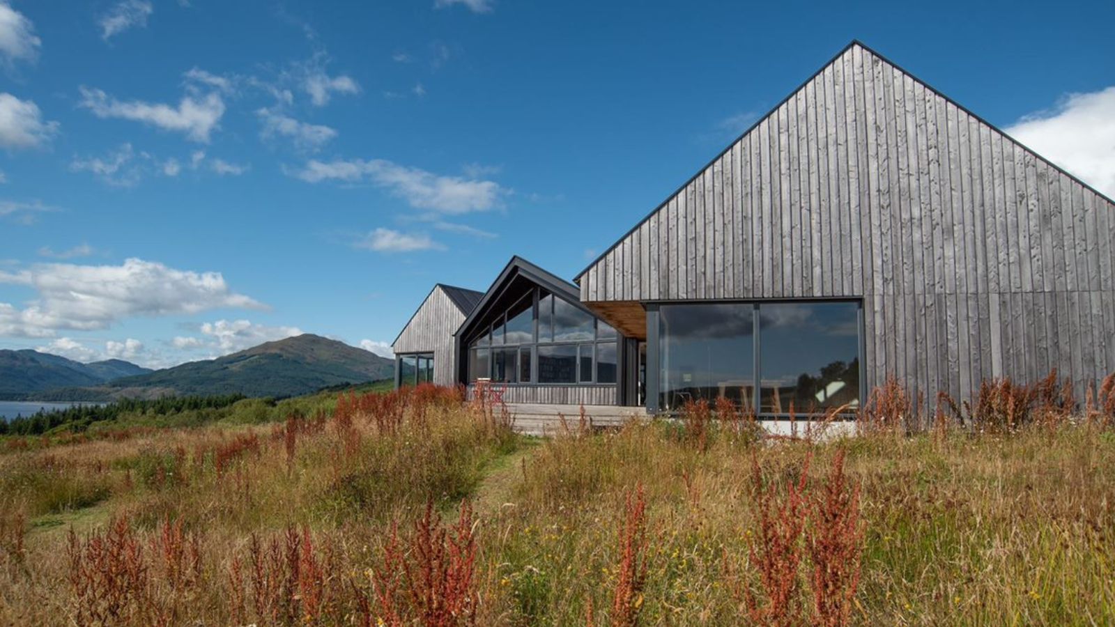 Cove Park. A wooden-clad modern building set in a lush countryside, with a bright blue sky and some fluffy white clouds.