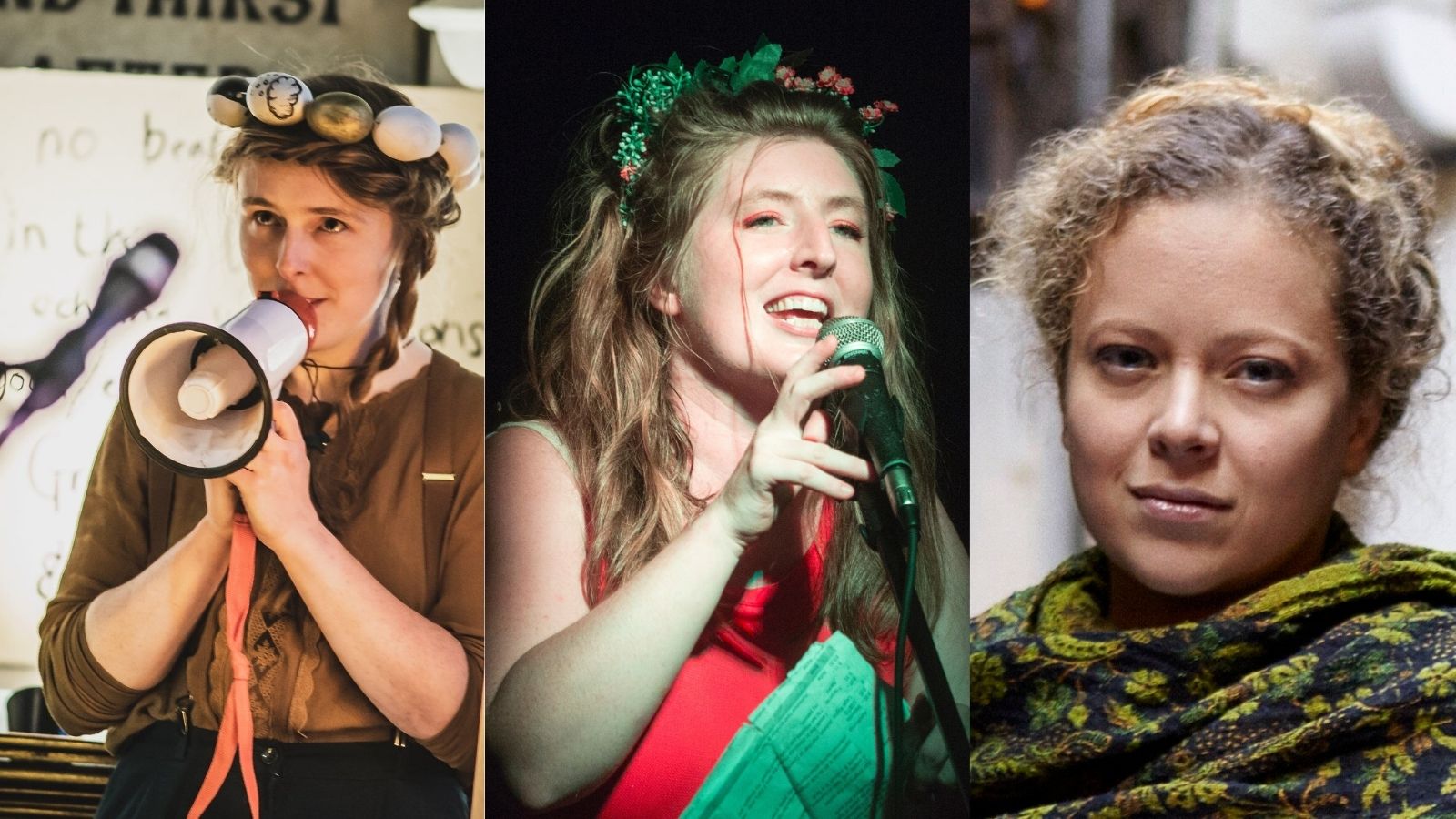 Headshots of Our Queer Isles performers: poet Cat Brogan, storyteller Rachel Rose Reid and musician Branwen Kavanagh