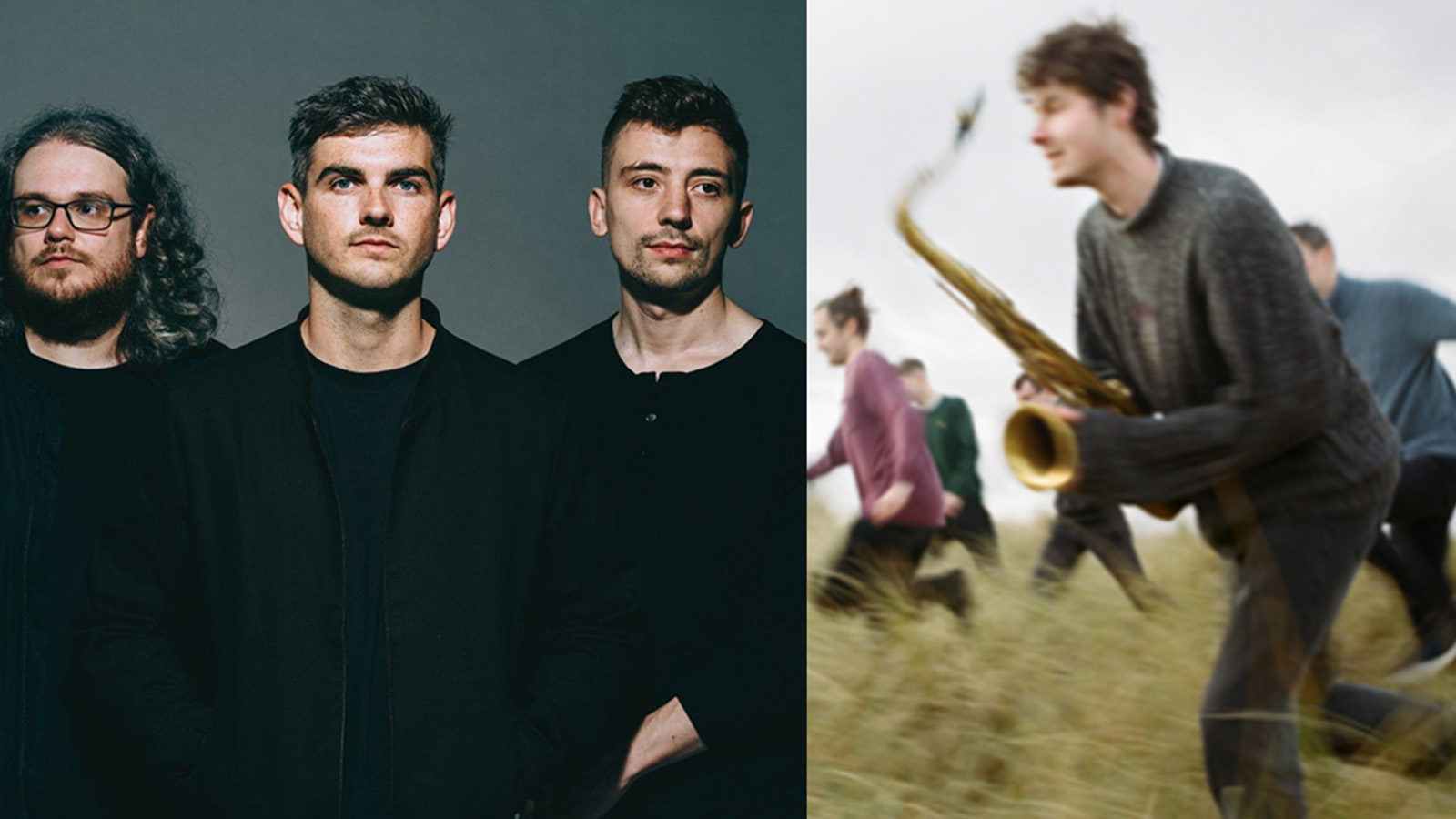 Left: Three men look at the camera wearing black against a grey background Right: A band runs through a field holding various instrumens - Matt is closest to the camera with his saxophone
