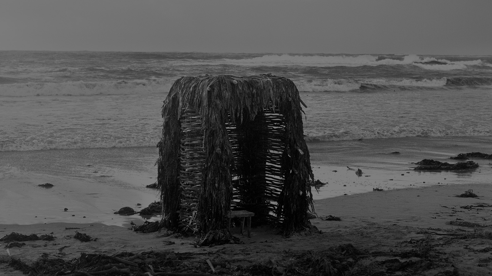 A wooden shack on a beach, called The Listening Chamber by artist Callum Mackinnon Ferguson.