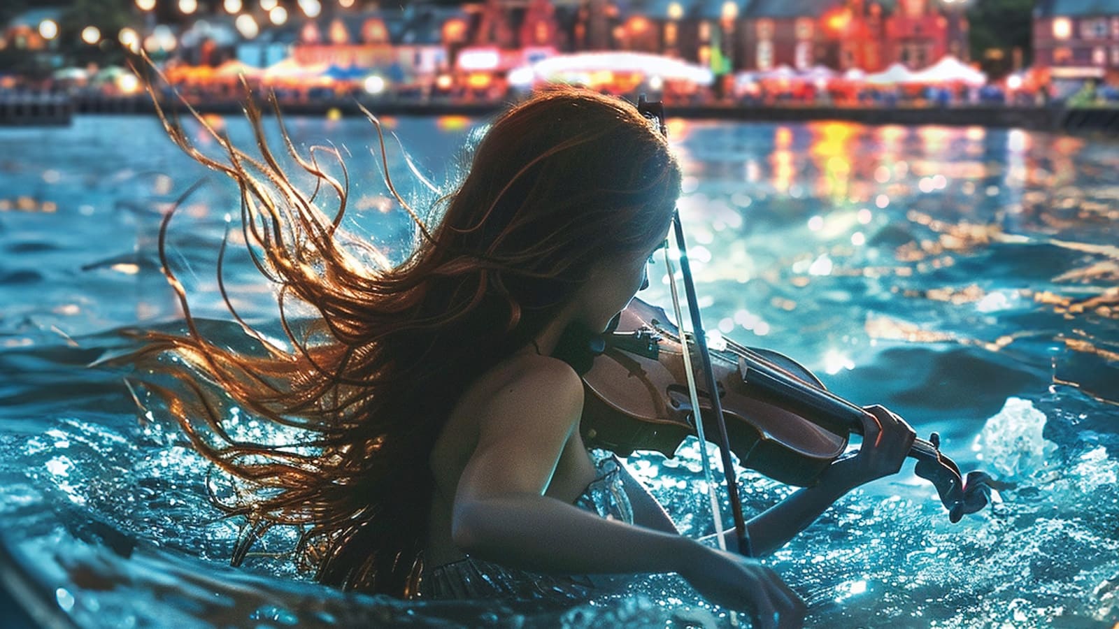 A fantastical image of a girl with red hair flying around her in the ocean playing the violin at night as she looks towards a seaside town with lights dancing over the water