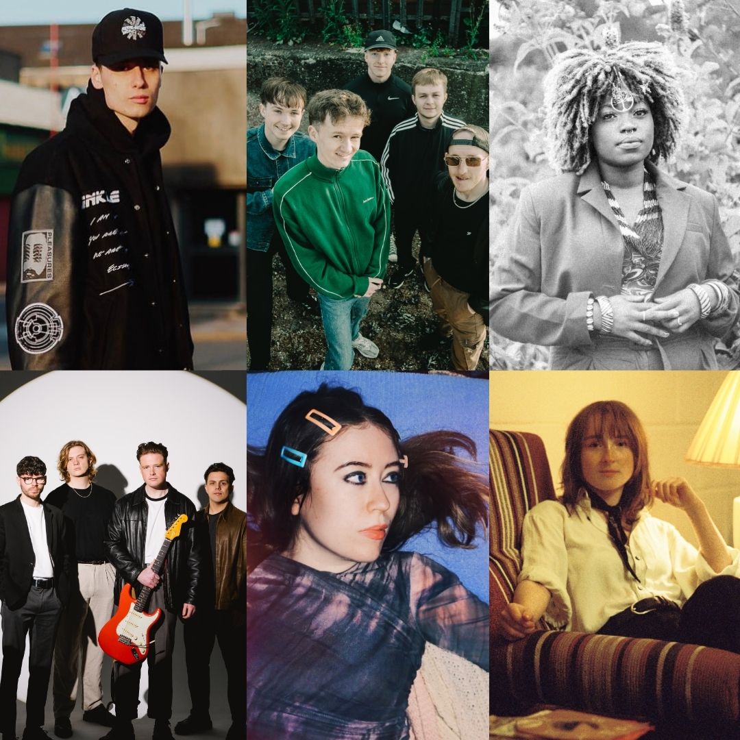Composite of artistic headshots of Future Echoes artists. Top row left to right: JusHarry, band members of SLIX, EYVE. Bottom row left to right: members of The Big Day, Silvi, Zoe Graham