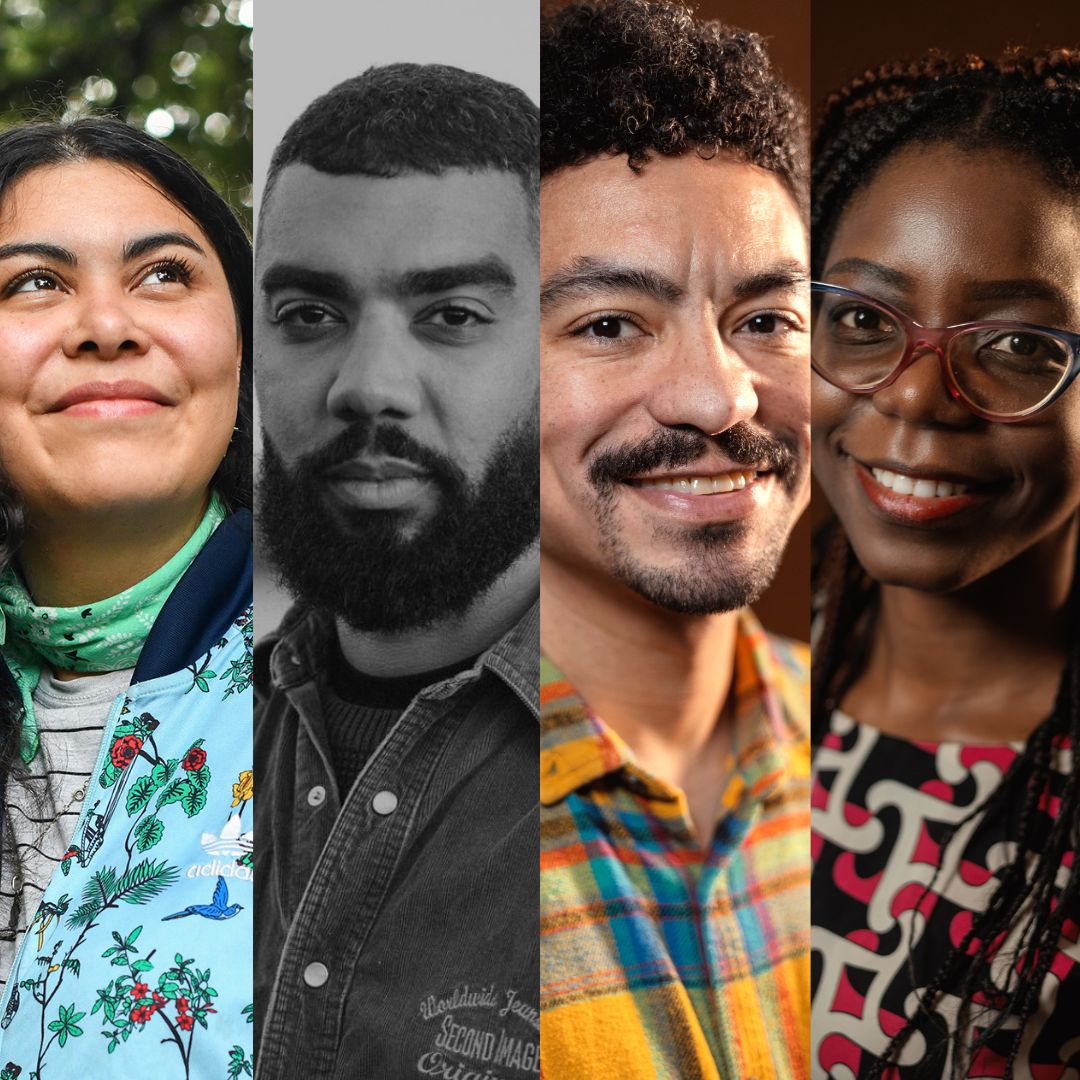 A woman with long dark curly hair wearing a bright blue patterned jacket (Veronique AA Lapeyre), a man in black and white with short dark hair and a beard wearing a shirt (Louis Parker-Evans), a man in a bright yellow and blue checkered shirt, dark curly hair and beard (Ben Chinchen) and a woman with long dark hair in braids wearing a dress in an intricate red, white and black pattern (Olubukola Popoola).