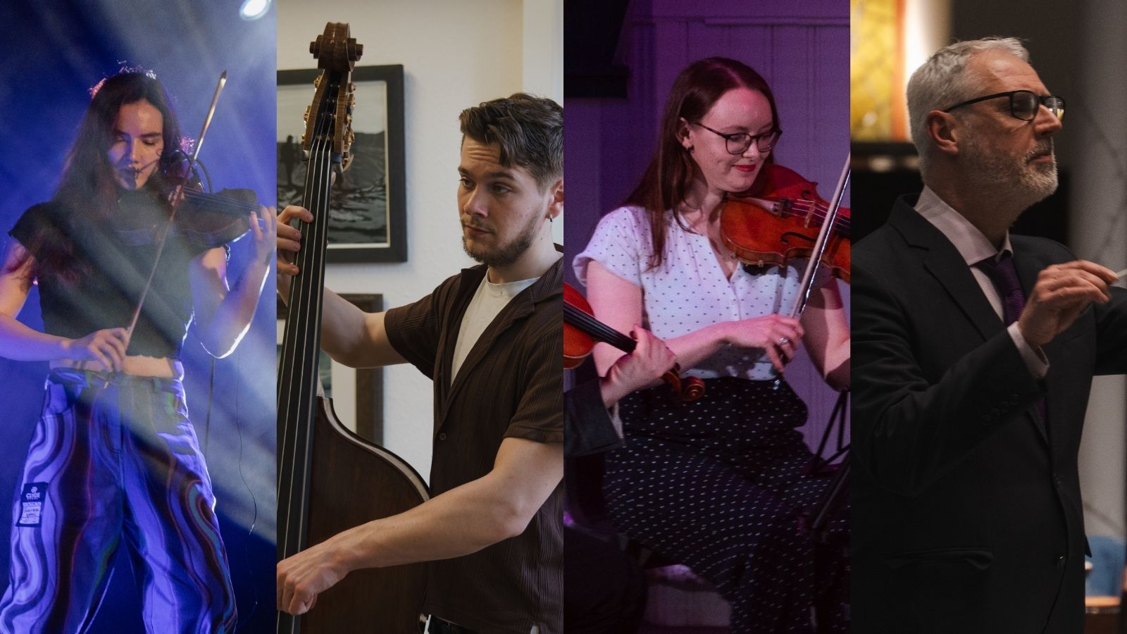 Composite image showing 1: a woman in patterned trousers with long brown hair playing the violin; 2: a man in a brown shirt with short hair playing the double bass; 3: a woman in a white polka dot shirt with brown hair playing the violin; 4: an older man with short white hair conducting an orchestra