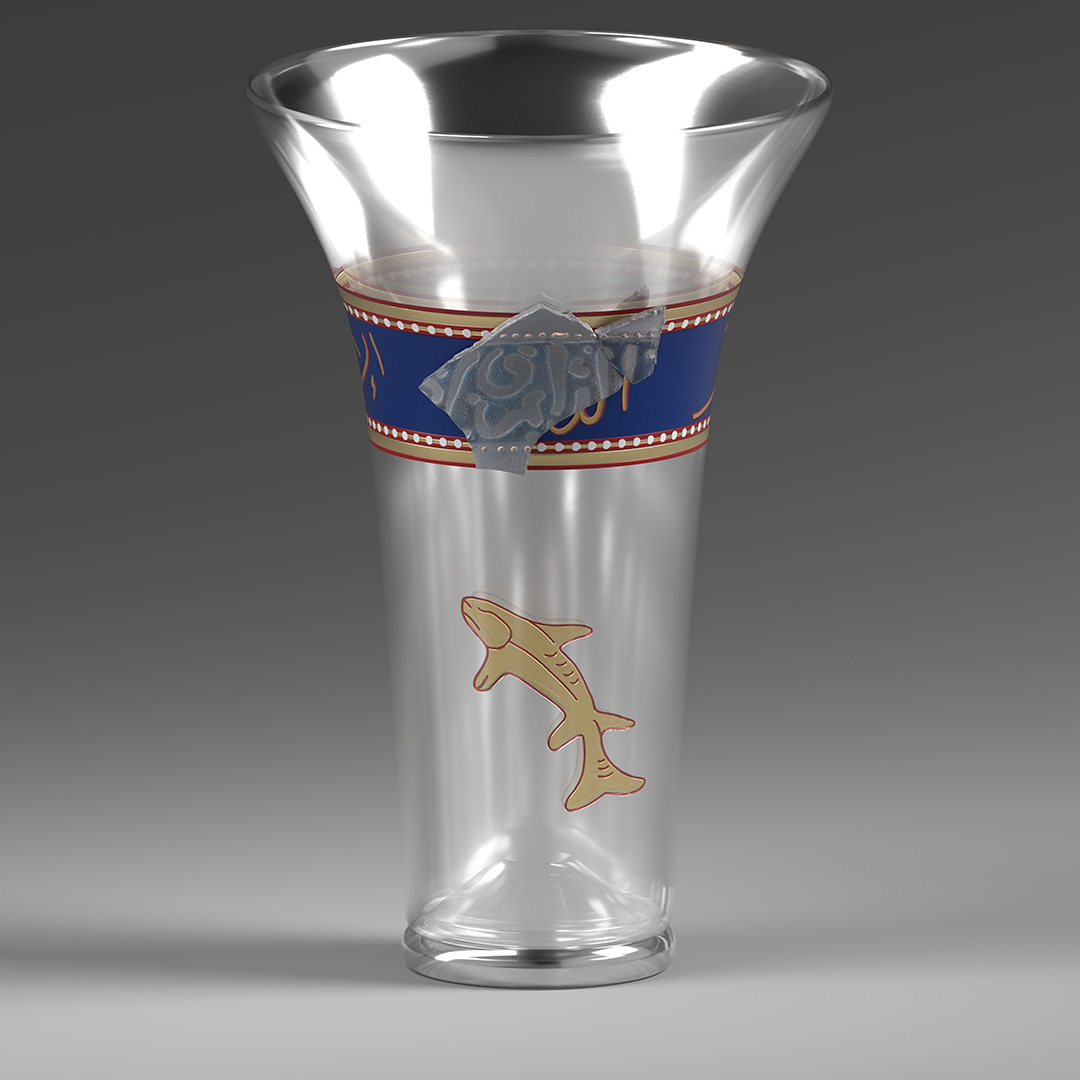 A silver-coloured glass beaker, with a deep band of blue trimmed in an intricate gold and red design near its mouth. A jagged piece of material covers it at the centre. A gold and red fish design is depicted in the middle of the beaker.