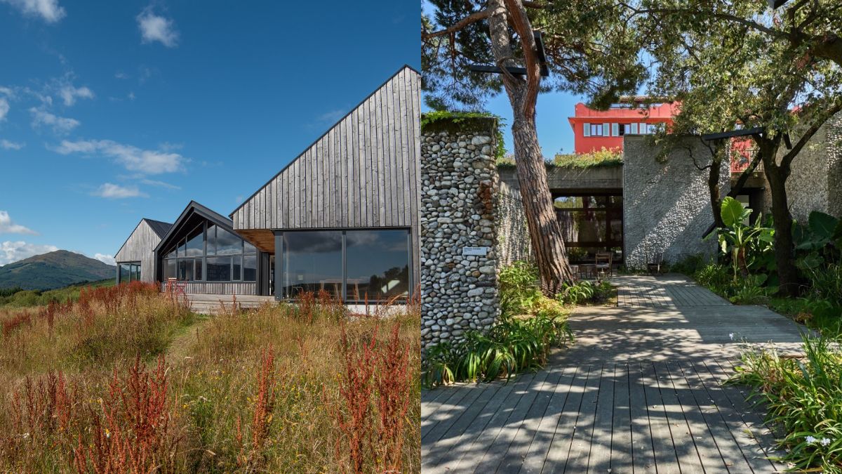 Image on the left is of the Jacobs Building at Cove Park, which looks like a large farm structure with a metal roof out in the countryside on a sunny day. The image on the right shows Villa Arson, a classical building that has been painted bright red, peeking through walls in the distance. Both are organisations that are taking part in Magnetic Visual Arts Residencies 2024.