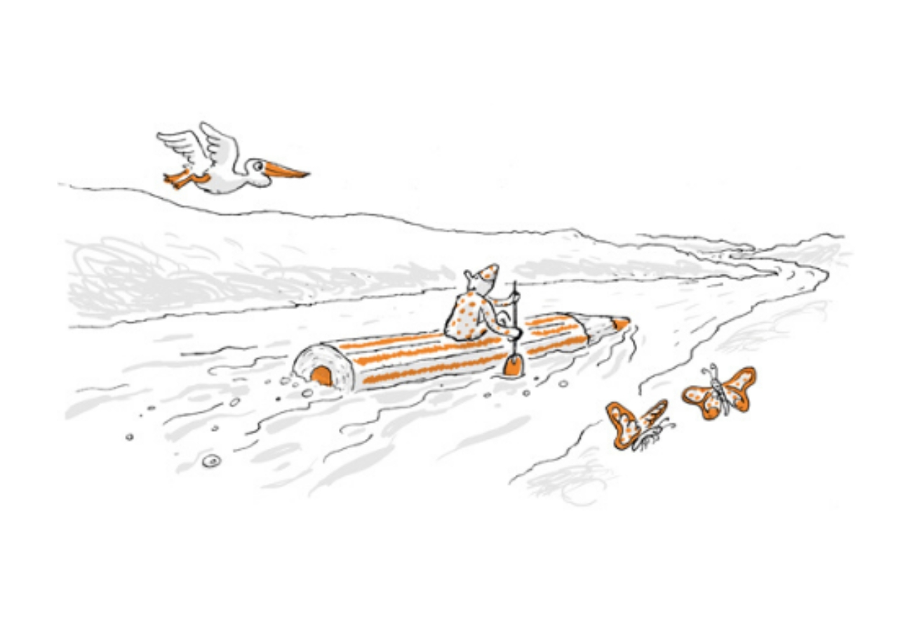 An illustration of a person rowing a pencil up a river