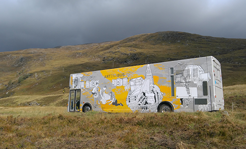 Art in a bus travelling gallery on the road through hills