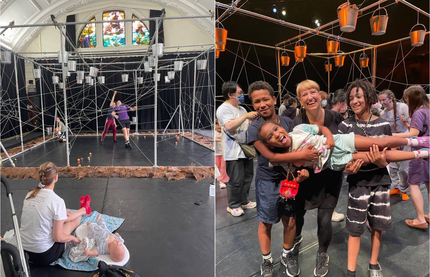 Image on left shows a woman sitting on the floor with a baby at a dance rehearsale, image on the right shows a woman and children holding up another child in the air