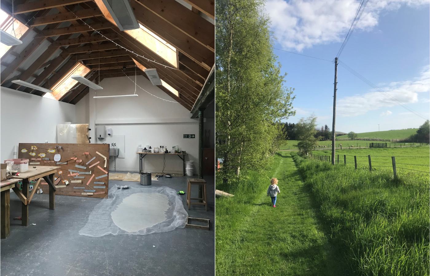 Image on left shows clay on the floor in a sculpture studio, image on the right shows a small child walking through a grassy area of countryside