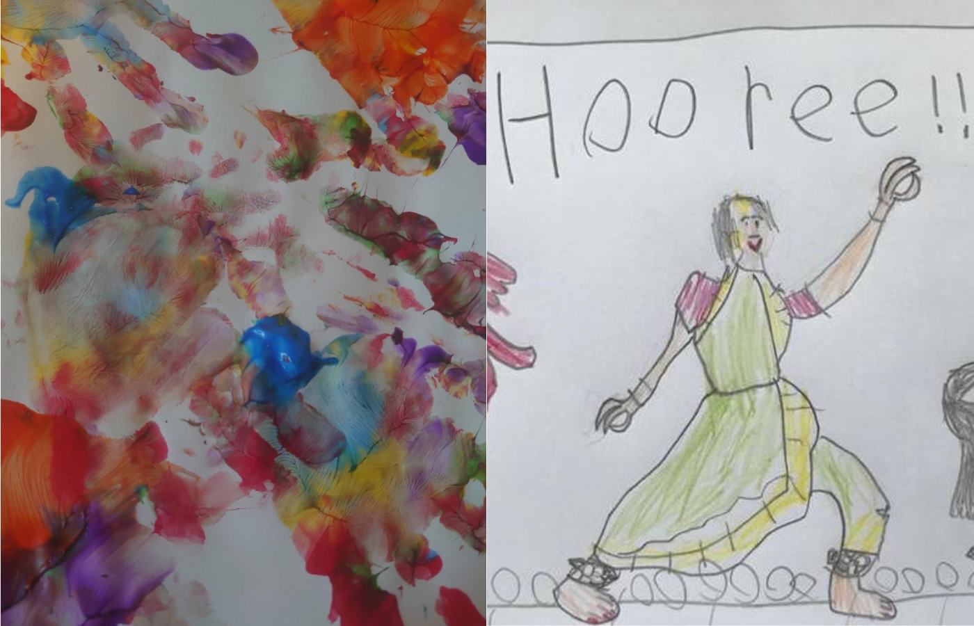 Image on the left is a series of blobs of paint, image on the right is a child's drawing of a dancer saying hooree